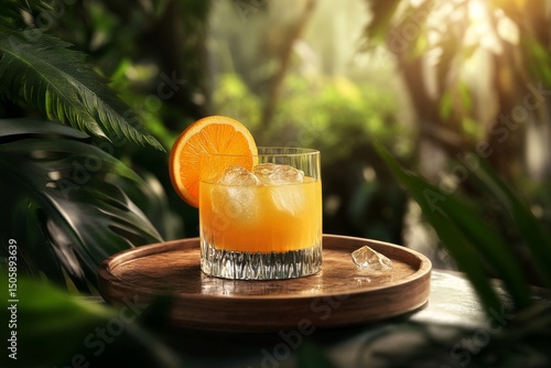 Refreshing Citrus Drink Served With Fresh Orange Slice on a Wooden Tray in a ...