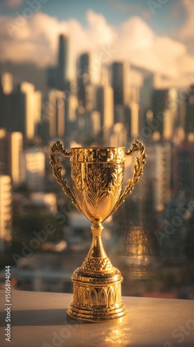 Majestic Golden Trophy Stands on Display Against a City Skyline at Sunset.