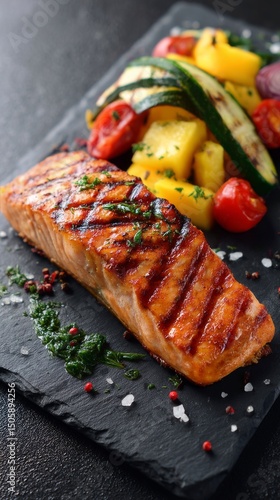 Grilled Salmon Fillet With Fresh Vegetables on a Black Slate Plate Garnished ...