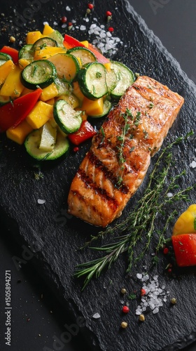 Grilled Salmon With Mango and Zucchini on a Black Stone Plate in a Bright Kit...