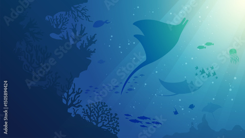Ocean Underwater Background - Deep the sea scenery vector illustration banner with coral reef, fish and shinny blue water