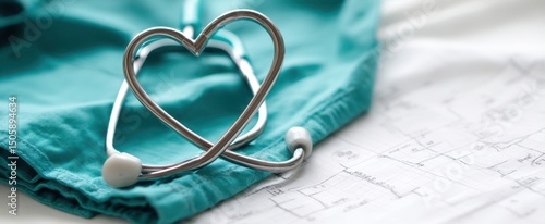 The heart-shaped stethoscope resting on teal fabric with medical sketches.