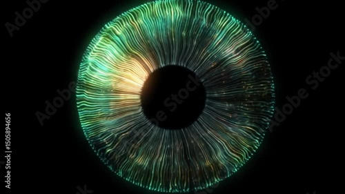 Digital Eye: Abstract Iris Expanding with Luminous Teal and Gold Wavelengths on Black Background - Artificial Intelligence Vision and Awareness Concept