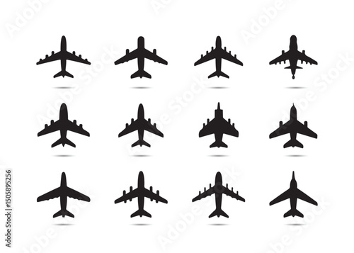 Set of Black Airplane Icons on White Background