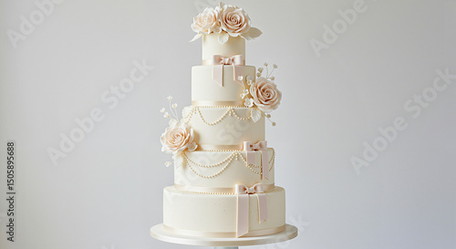 Elegant white wedding cake with flowers studio shot for event planning and wedding invitation designs