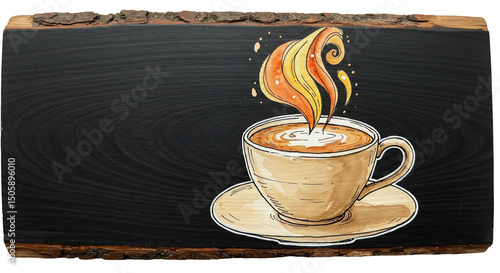 Coffee Cup Drawing with Swirling Steam on Rustic Wooden Chalkboard - Cafe Art