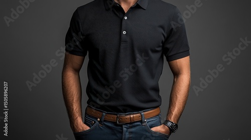 Man in black polo shirt and jeans, hands in pockets, gray backdrop