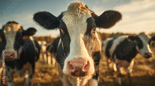 Cows Standing in a Field During Golden Hour Near a Farm in Rural Countryside