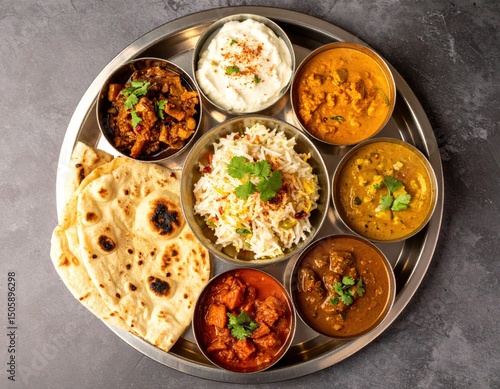 Traditional indian thali with multiple curries and naan