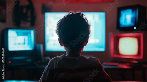 Unprotected child online concept, child staring at glowing screen in dark room