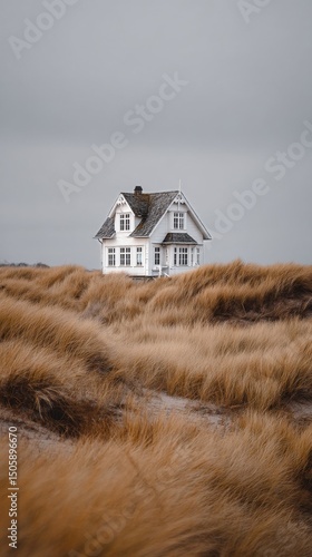 Quaint House Nestled Among the Rolling Hills of Golden Grass Under a Cloudy Sky.