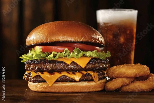 Juicy Cheeseburger With Fresh Toppings and Crispy Onion Rings Served With a C...