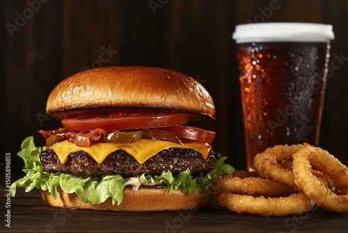 Juicy Hamburger With Cheese, Vegetables, Onion Rings, and Soda on a Wooden Table