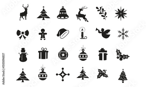 Christmas elements set icons design. Christmas collection of bells, Santa, deer, angel, nutcracker, cookies, showman, snowstorm, drums, mitten, candy