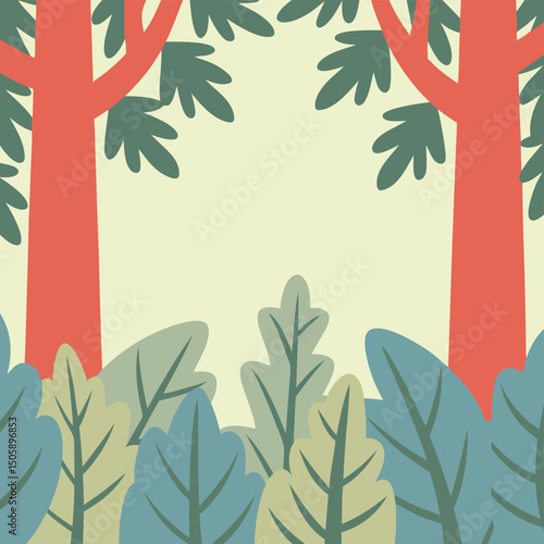 A simple and stylish illustration of a forest scene with red trees and leafy greenery
