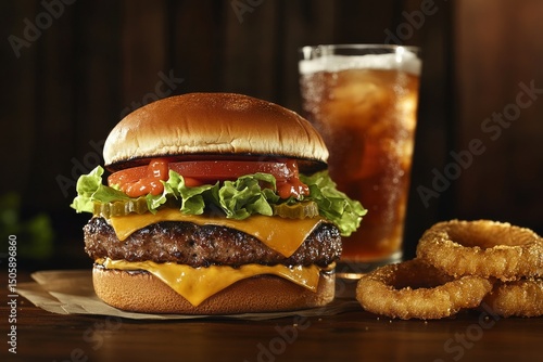 Juicy Hamburger With Cheese, Vegetables, Onion Rings, and Soda on a Wooden Ta...