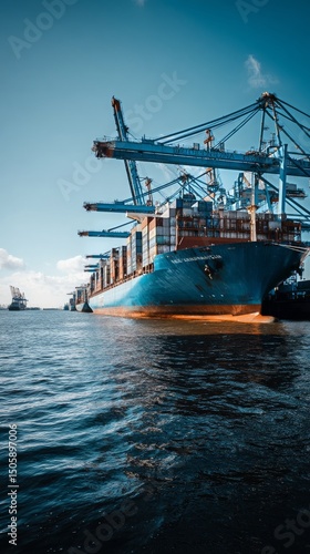 Container Ship Unloading Cargo at Bustling Port During Sunny Day