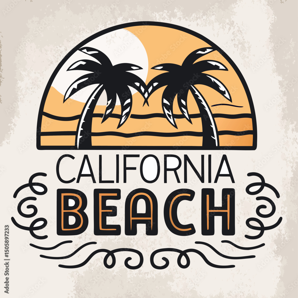 Fototapeta premium California beach retro design with palm trees and summer vibes in a transparent vector