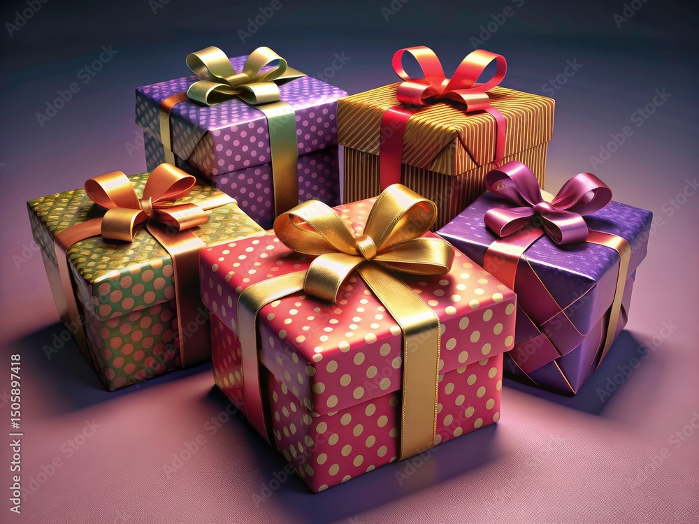 Fototapeta premium Exquisite Gift Boxes with Bows: High-Resolution Photography, Luxury Gift Wrapping, Holiday Presents, Birthday Gifts, Festive Packaging