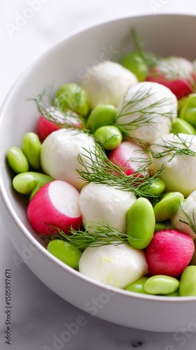 Fresh Salad With Radishes, Soft Cheese, and Green Beans in a Modern Bowl
