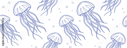 Hand-drawn seamless jellyfish pattern in soft blue line art with floating bubbles. Perfect for ocean-themed wallpaper, textiles, and wrapping paper. Elegant marine life vector background.
