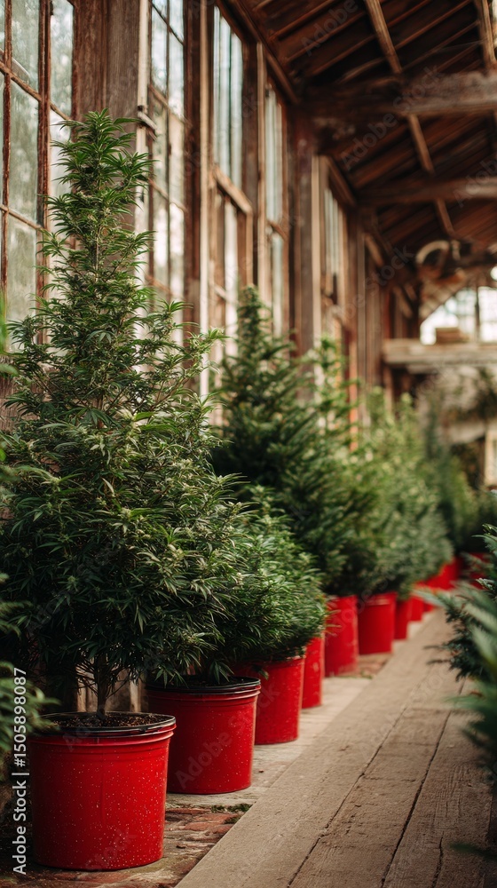 Fototapeta premium Lush Green Plants Arranged in Red Pots Along a Rustic Wooden Corridor in a Greenhouse