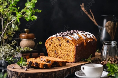 Delicious Chocolate Chip Pumpkin Loaf Displayed on Wooden Board With Herbs an...