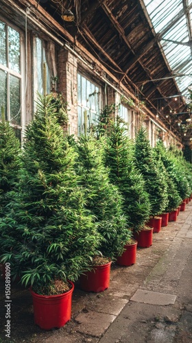 Lush Green Plants in Bright Red Pots Lining the Wooden Walkway of a Greenhouse.