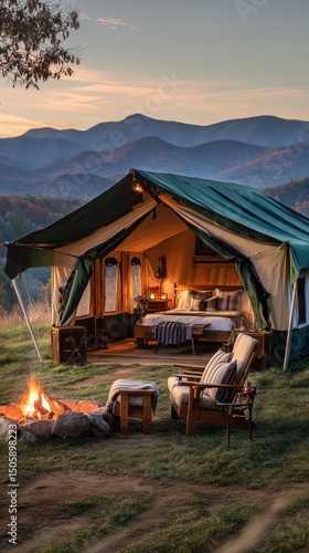 Cozy Glamping Tent by a Campfire in a Mountainous Location at Sunset With Nat...