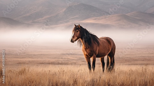 Majestic Horse Stands Gracefully in a Misty Landscape at Dawn in the Mountains