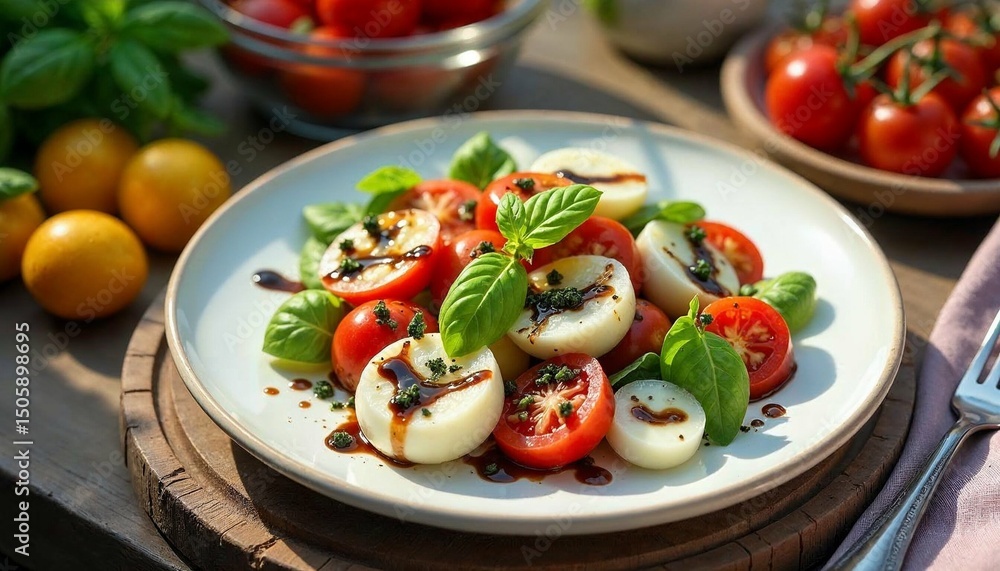 Delicious Caprese Salad with Fresh Mozzarella Tomatoes Basil and Balsamic Glaze on a Rustic Wooden Surface a Healthy and Appetizing Meal Delicious Caprese Salad with Fresh Mozzarella Tomatoes Basil and Balsamic Glaze on a Rustic Wooden Surface a Healthy and Appetizing Meal