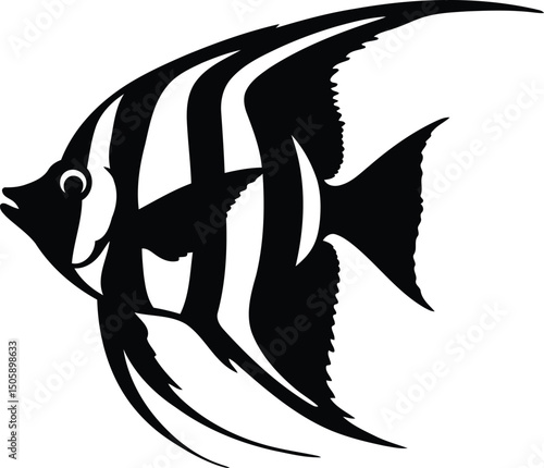 Silhouette of a Striped Angelfish with Flowing Fins – Bold Tropical Fish Vector Design.