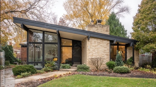 Modern House With Large Windows Surrounded by Greenery in a Tranquil Setting.