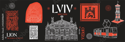 Lviv, Ukraine illustration drawing of famous symbols, landmarks, places, beautiful architecture opera theatre. Hand drawn vector design for posters, books, travel guides, magazines, media
