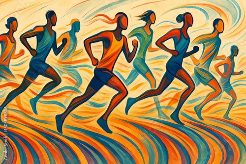 Artistic depiction of a group of runners in motion on a colorful track with abstract background design