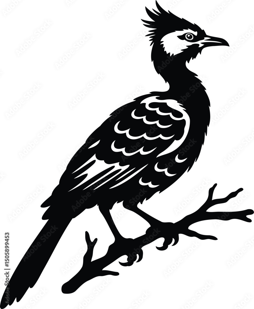 Obraz premium Silhouette of a Crested Bird Perched on Branch Vector Graphic Design.