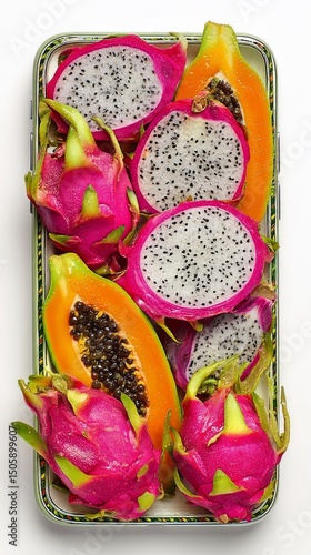 Colorful Dragon Fruit Cut and Stacked on a Light Background Showcasing Vibran...