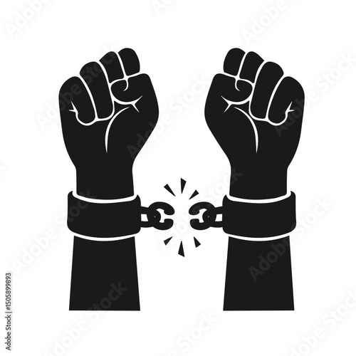 Outline, silhouette of hands shackled with torn broken chains, breaking chains. Freed clenched fist from shackles. Flat Isolated vector on transparent background EPS10