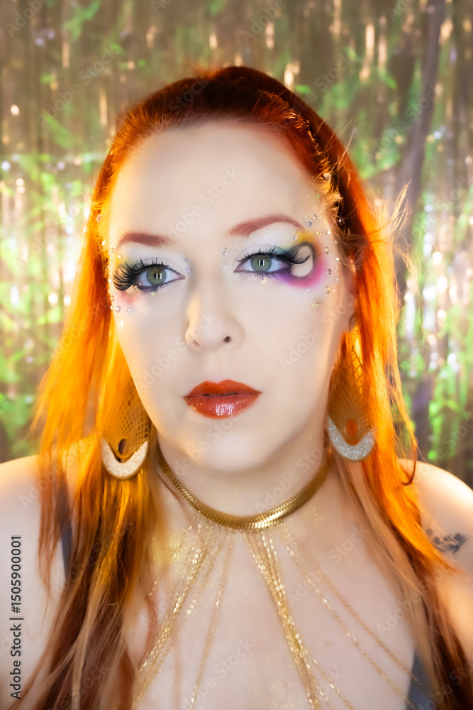 Fototapeta premium A vibrant and artistic portrait of a woman with striking red hair and bold, colorful makeup. Her eye makeup features a rainbow gradient with rhinestones and dramatic false lashes.