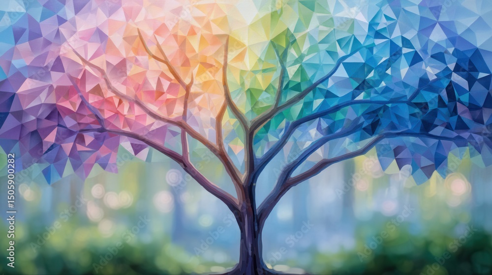 Obraz premium Colorful polygonal tree in a vibrant forest