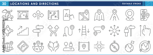 A set of line icons related to Locations and Directions. Locate, map, arrow, world, pin drop, destination, and so on. Vector editable stroke.