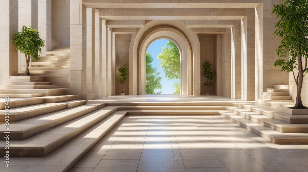 Elegant, light-filled interior space with archways and spiral staircase leading to a natural setting Elegant, light-filled interior space with archways and spiral staircase leading to a natural setting