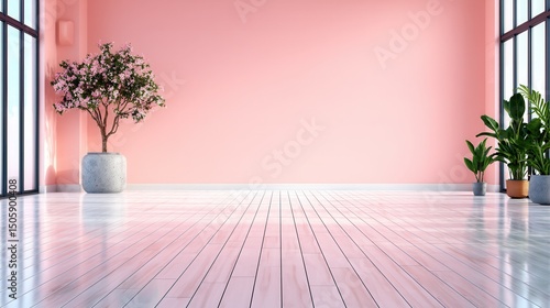 Empty, pink room with plants and large windows