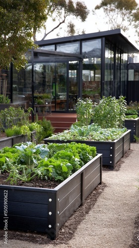 Growing Vegetables in Raised Garden Beds Near a Modern Greenhouse in a Sunny ...