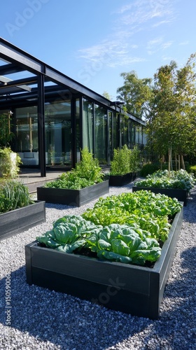Growing Vegetables in Raised Garden Beds Near a Modern Greenhouse in a Sunny ...