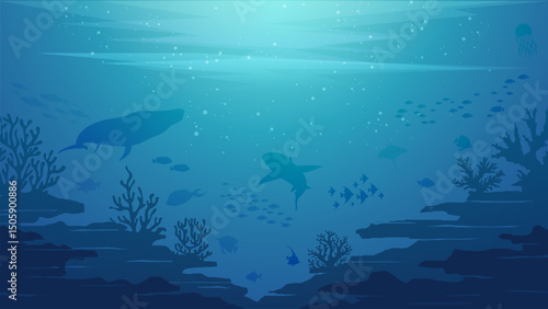 Ocean Underwater Background - Deep the sea scenery vector illustration banner with coral reef, fish and shinny blue water