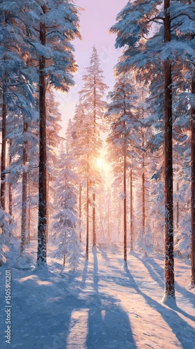 Winter Forest at Sunset With Snow-Covered Trees and Golden Light