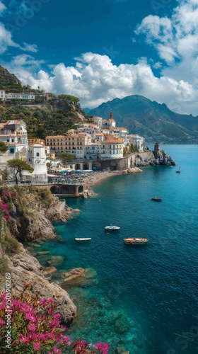 Stunning Coastal View of a Picturesque Town Situated by the Sea Under a Blue ...