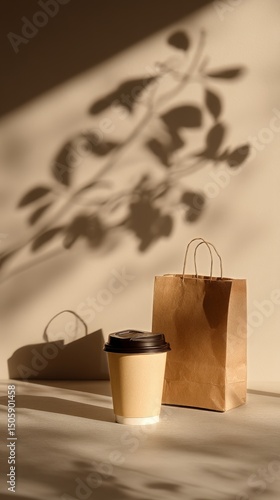 Coffee Cup and Paper Bag Create Warm Atmosphere With Shadows on the Surface