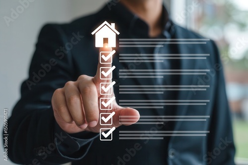 Businessman interacting with futuristic digital real estate checklist interface.